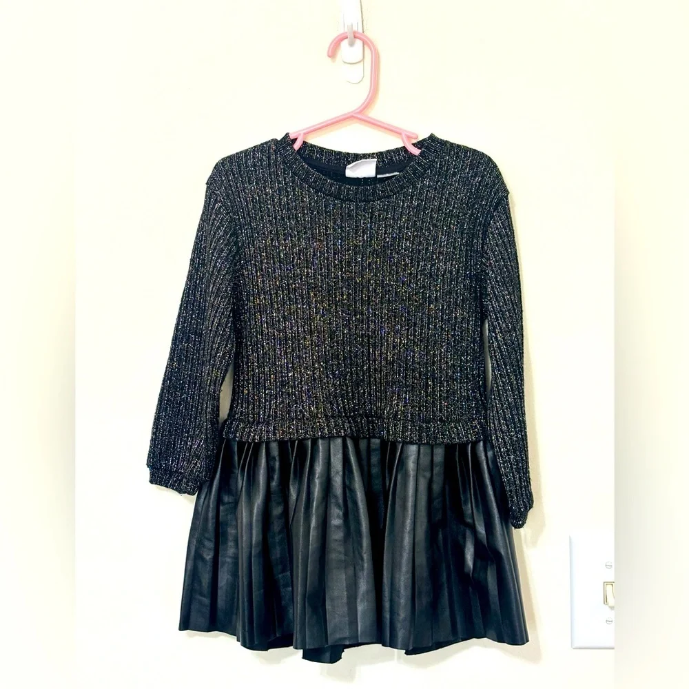 Zara Black Textured Knit Blouse with Flared Faux Leather Accent‎